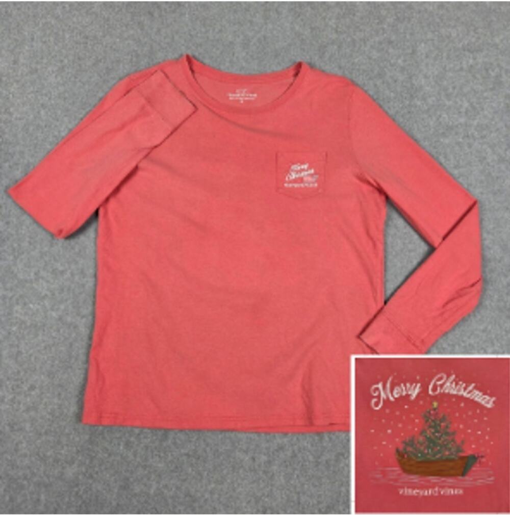 Vineyard Vines Womens Small Merry Christmas Long Sleeve Pocket Tee
